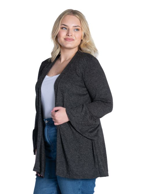 24seven Comfort Apparel Plus Size Knit Three Quarter Bell Sleeve Open Cardigan In Black