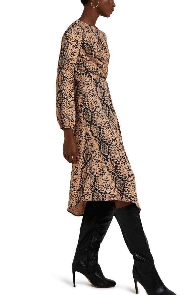 Long Sleeve Faux Wrap Midi Dress, Alternate, color, BROWN