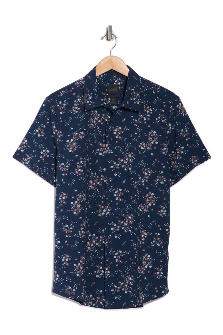Floral Print Short Sleeve Performance Button-Up Shirt, Alternate, color, NAVY HARDY FLORAL