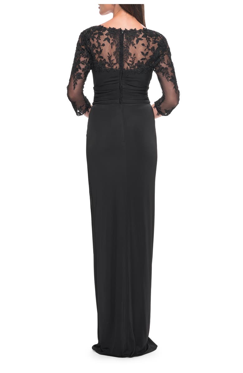 La Femme Long Jersey Evening Dress with Lace Sleeves, Alternate, color, Black