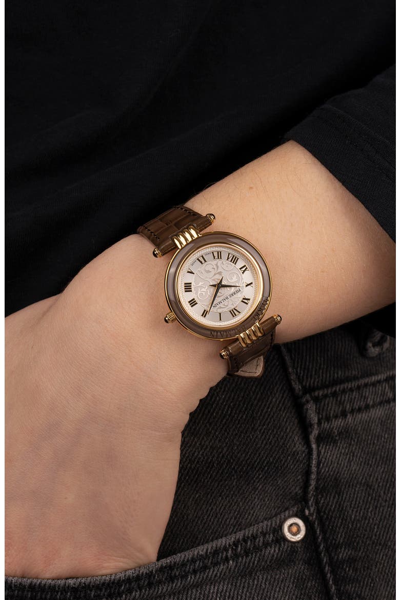 Haute Elegance Leather Strap Watch, 30mm, Alternate, color, STAINLESS STEEL WITH BROWN