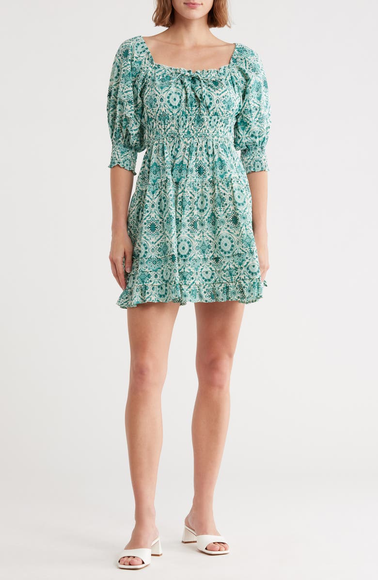 Maisie Off the Shoulder Bubble Sleeve Cotton Minidress, Main, color, Teal Mosaic