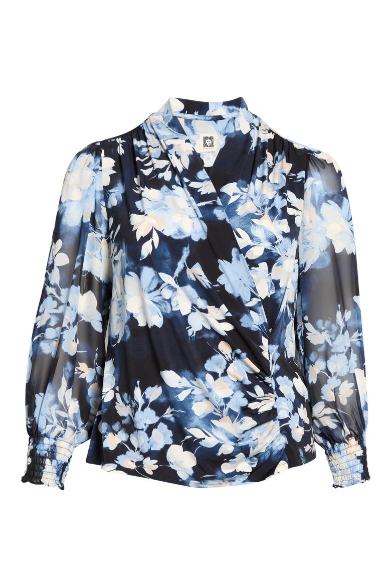 Floral Mixed Media Faux Wrap Blouse, Alternate, color, DUTCH BLUE MULTI