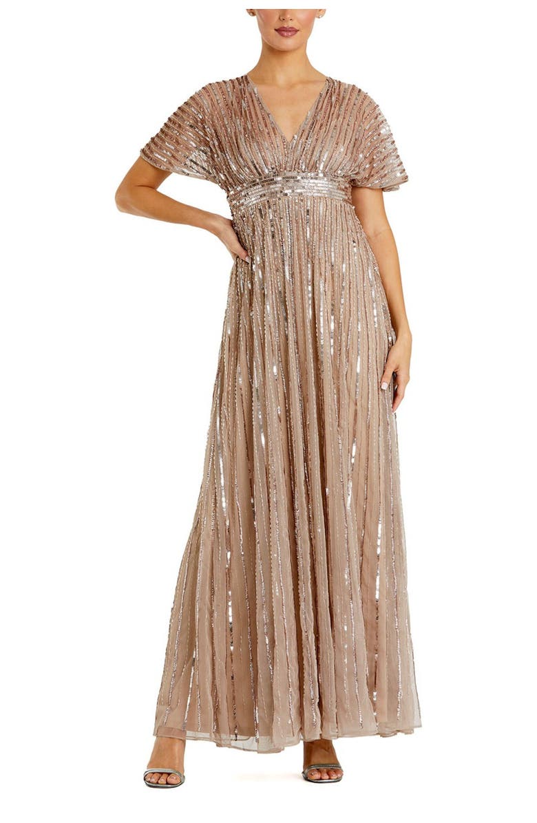 Mac Duggal Women's Embellished Mesh V Neck Short Sleeve Gown, Main, color, Taupe