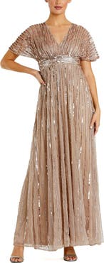 Mac Duggal Women's Embellished Mesh V Neck Short Sleeve Gown