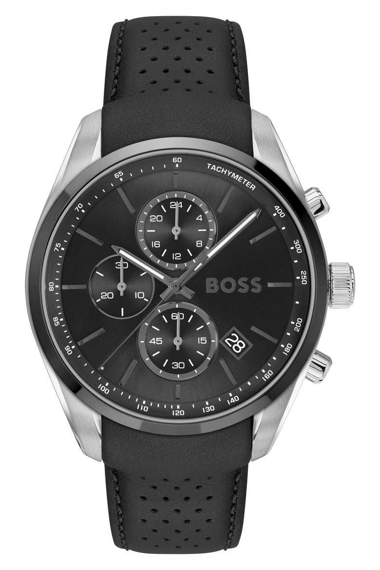 Grand Prix Leather Strap Watch, 44.5mm, Main, color, BLACK DIAL