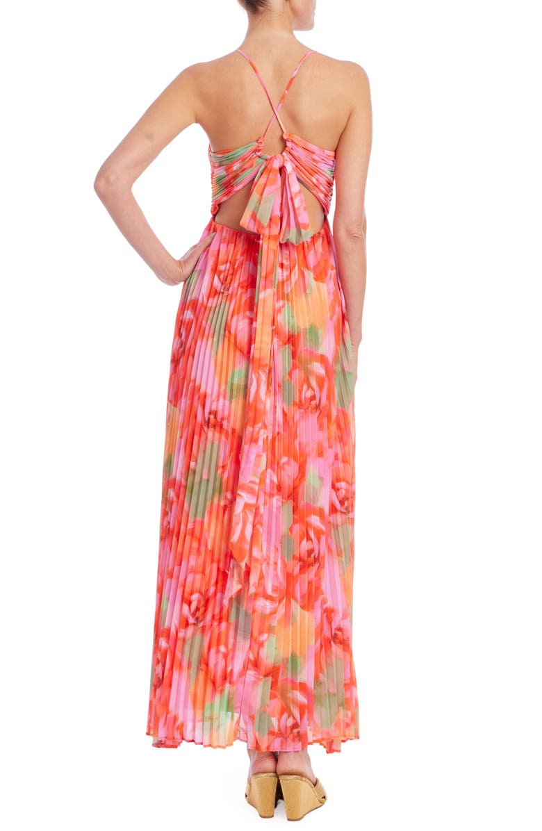 Jewel Badgley Mischka Floral Pleated Open Back Gown, Alternate, color, Coral Multi