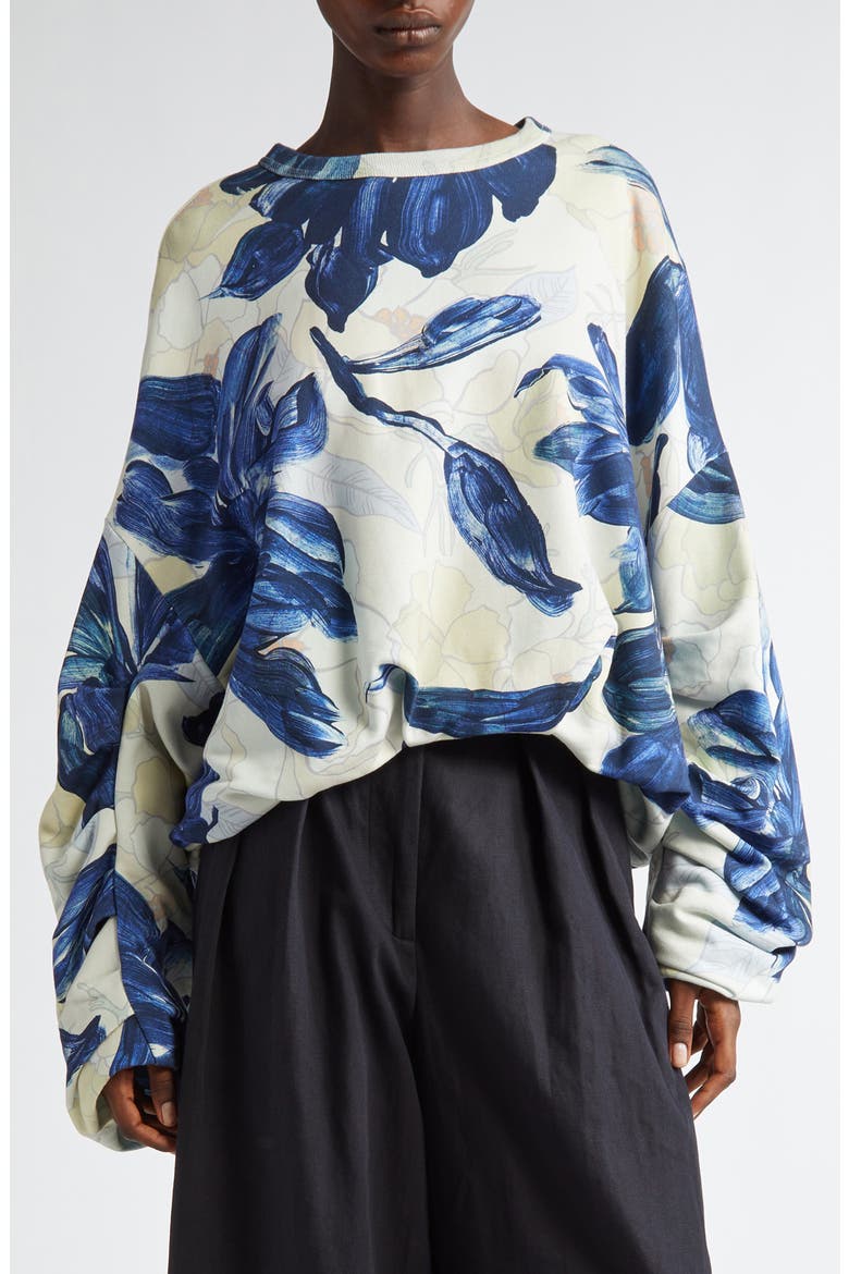 Hannet Floral Print Oversize Gathered Cotton Sweatshirt, Main, color, BLUE