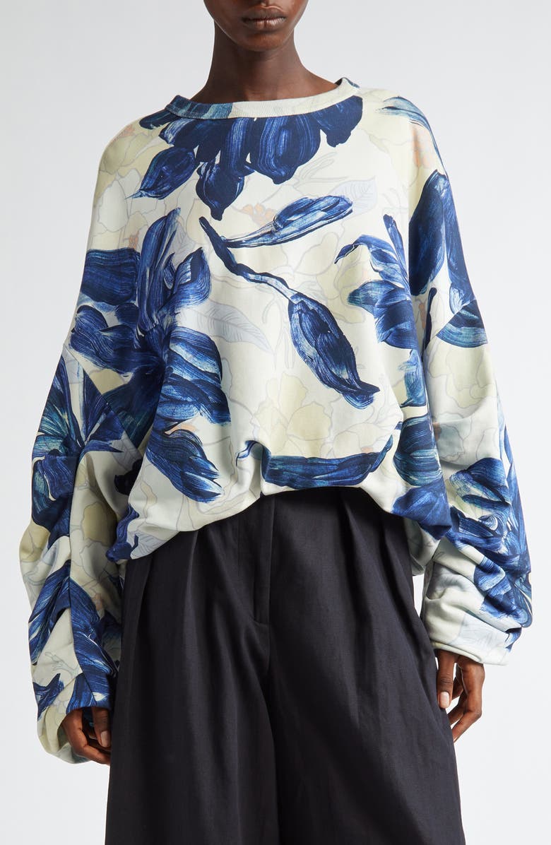 Dries Van Noten Hannet Floral Print Oversize Gathered Cotton Sweatshirt, Main, color, 