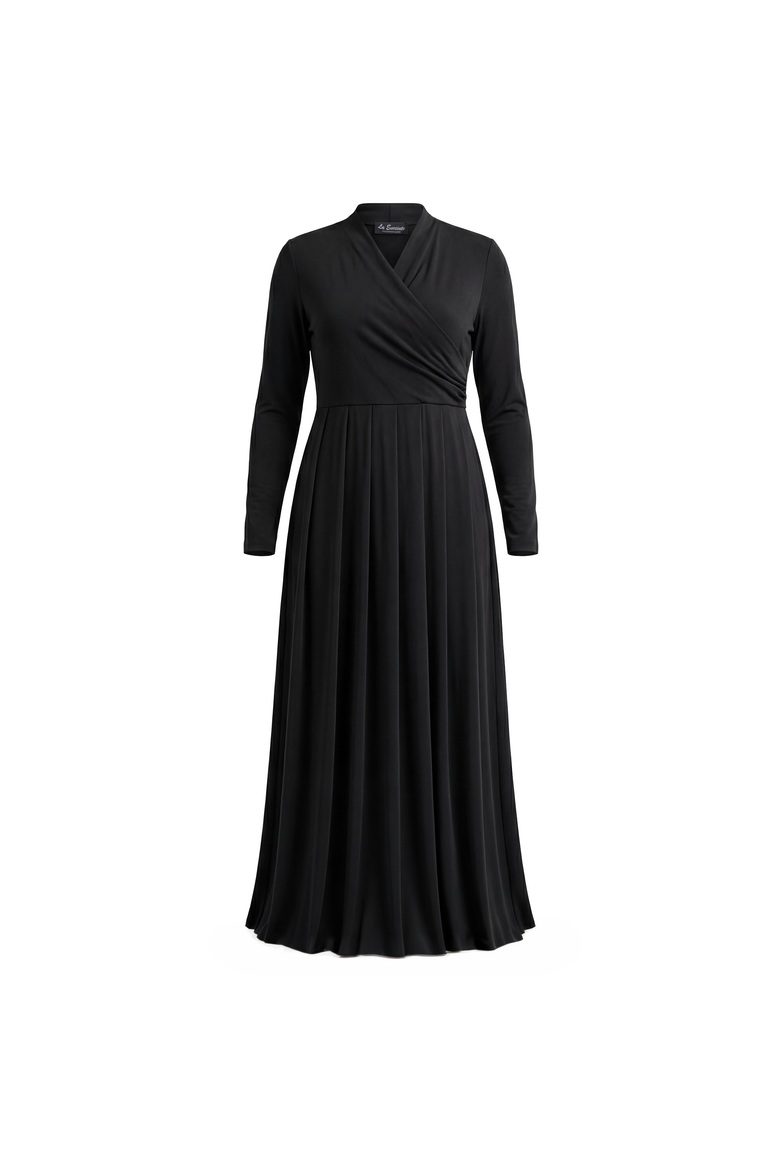 Maternity Mock Wrap Long Sleeve Pleated Maxi Dress, Main, color, Black Solid