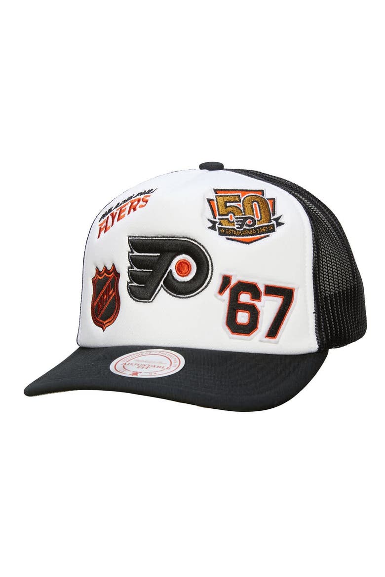 Men's Mitchell & Ness White/Black Philadelphia Flyers Gridlock Trucker Adjustable Hat, Main, color, White