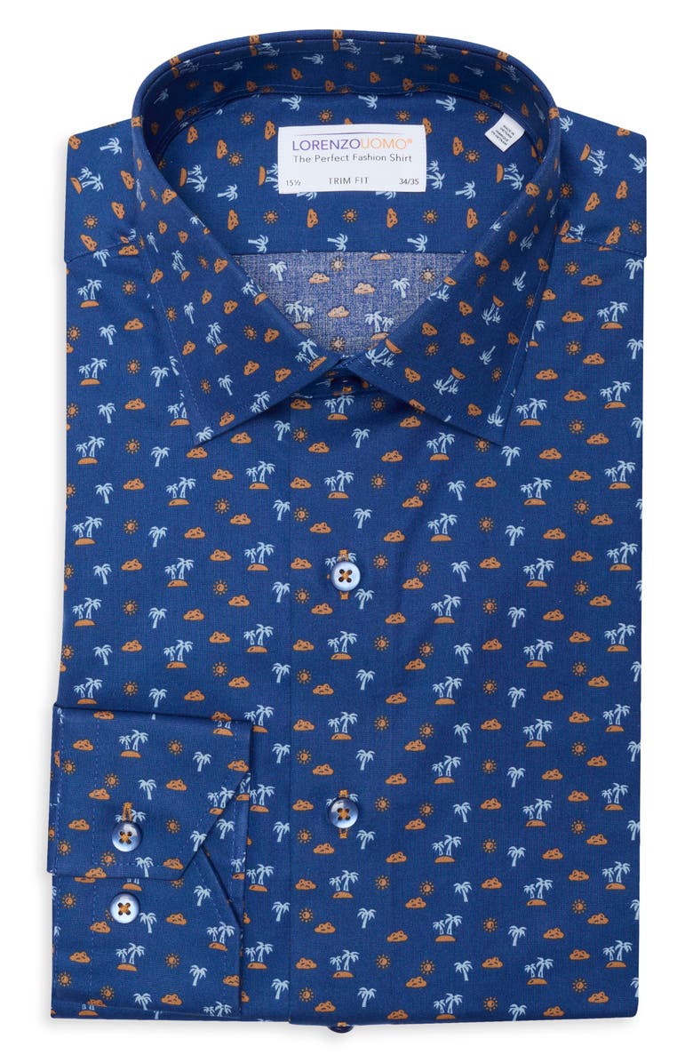 Lorenzo Uomo Trim Fit Palm Print Stretch Cotton Dress Shirt, Main, color, Tropical Night Blue