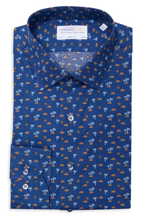 Trim Fit Palm Print Stretch Cotton Dress Shirt (Regular & Big)
