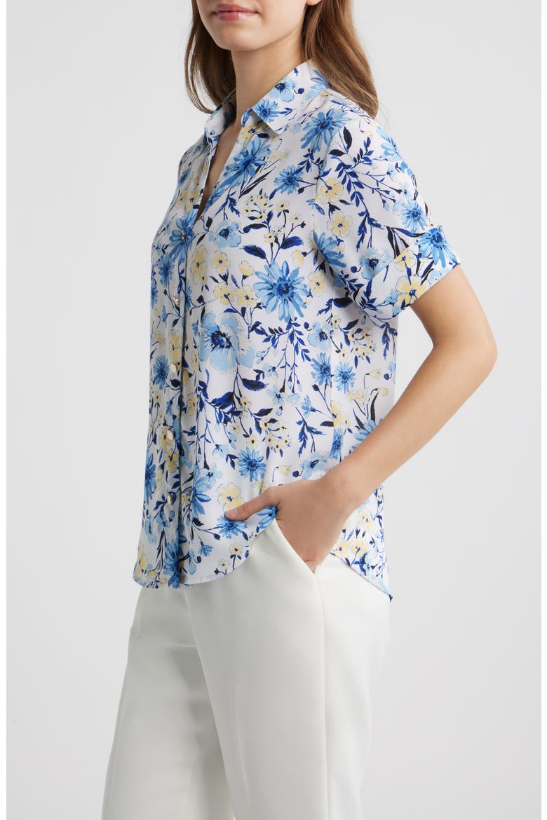 Floral Short Sleeve Button-Up Top, Main, color, CRISP WHITE MULTI