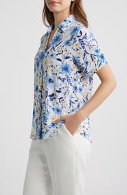 AK ANNE KLEIN Floral Short Sleeve Button-Up Top