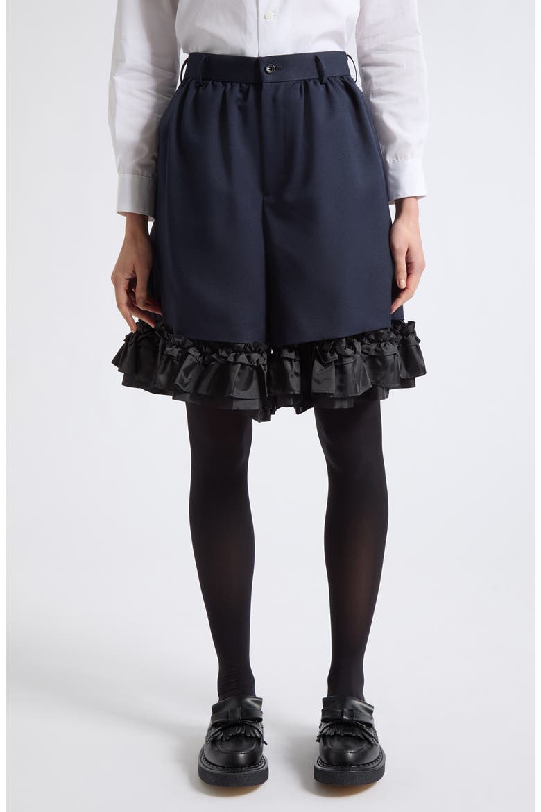 Ruffle Hem Gabardine Shorts, Main, color, NAVY X BLACK