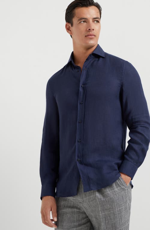 Brunello Cucinelli Men's Linen Easy Fit Shirt With Spread Collar In Navy Blue