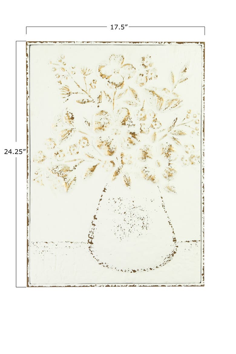 Embossed Metal Wall Art with Flowers in Vase, Distressed White and Gold, Alternate, color, Gold