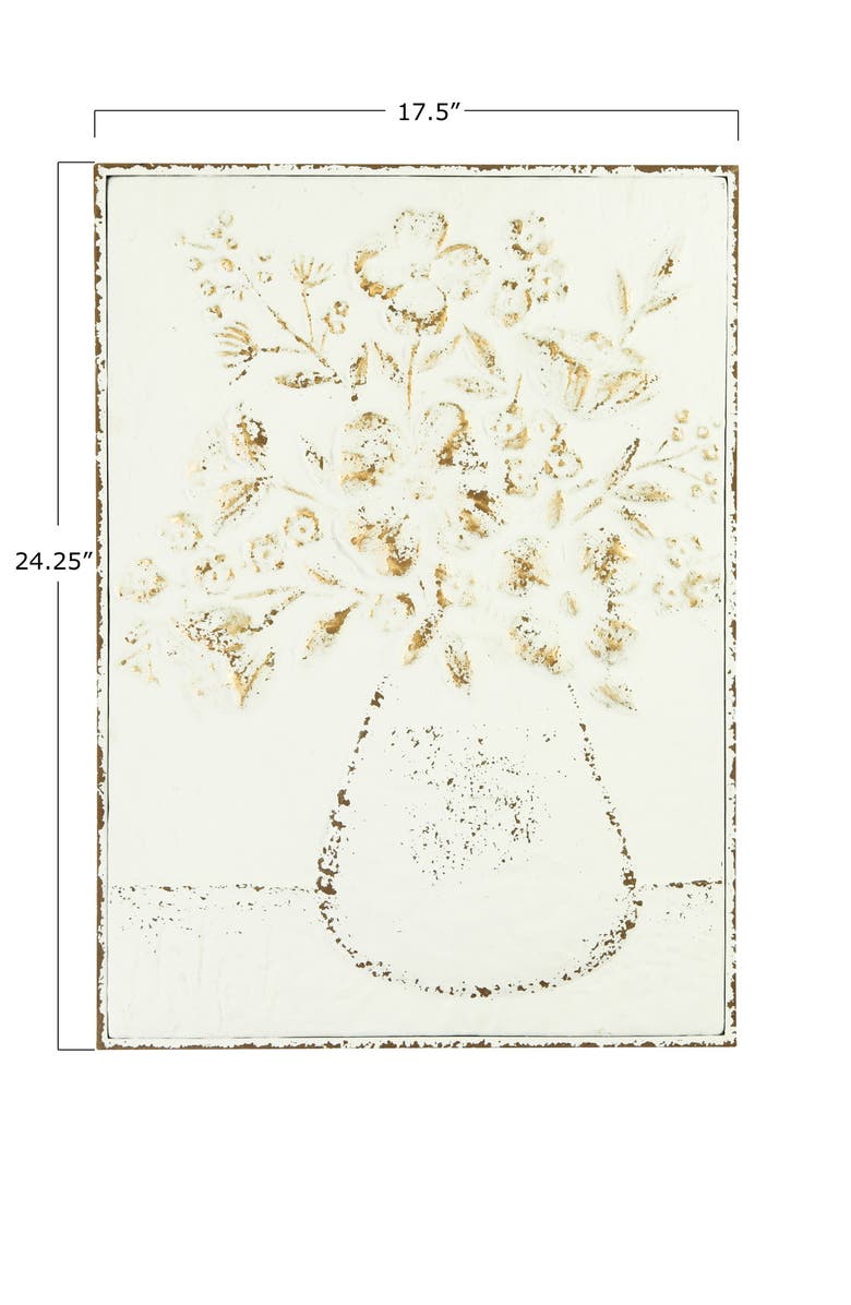 Storied Home Embossed Metal Wall Art with Flowers in Vase, Distressed White and Gold, Alternate, color, Gold