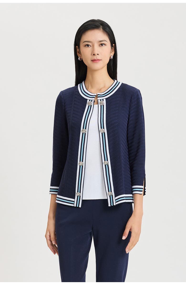 Ming Wang Heritage Tonal Herringbone Knit Jacket, Main, color, Indigo/Serene/White