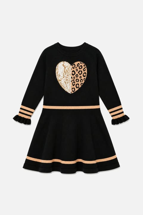Heart Graphic Ruffle Cuff Pleated Knit Dress (toddler, Little Kid & Big Kid)