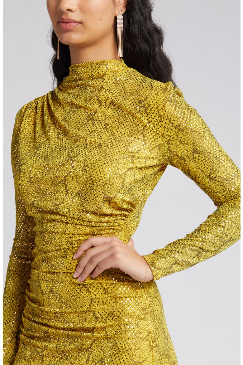 Goldie Sequin Ruched Asymmetric Long Sleeve Dress, Alternate, color, GOLD