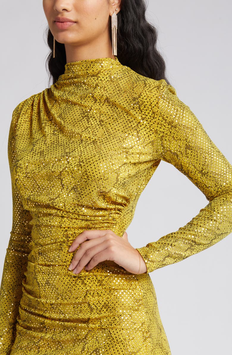 NIKKI LUND Goldie Sequin Ruched Asymmetric Long Sleeve Dress, Alternate, color, Gold
