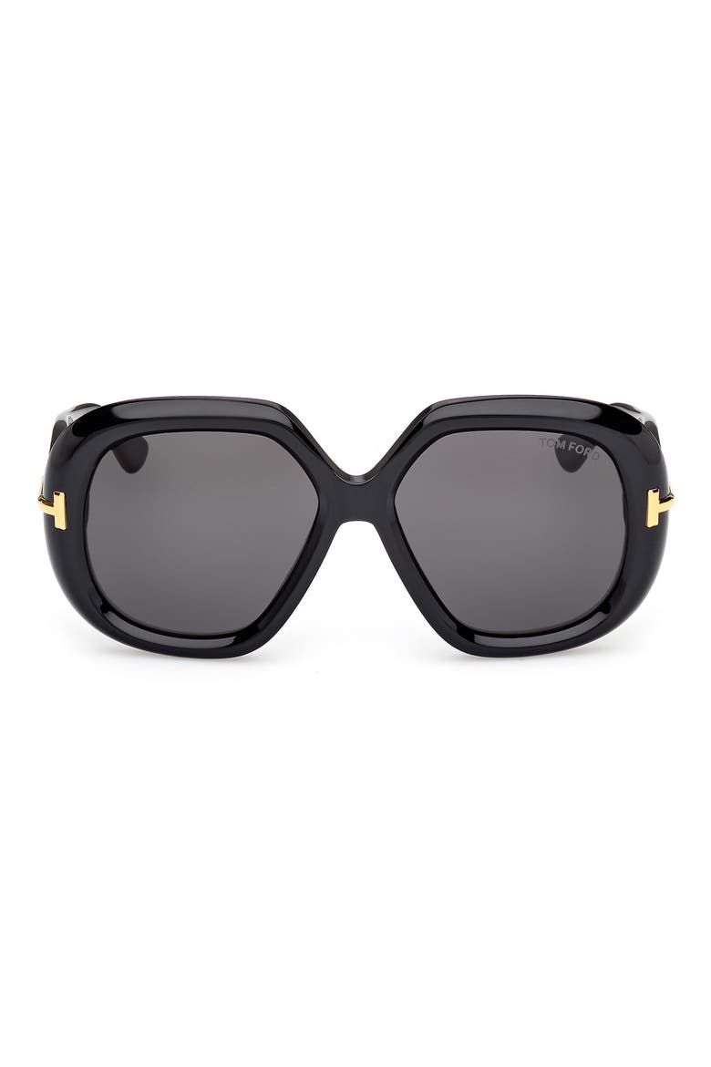 56mm Geometric Sunglasses, Main, color, SHINY BLACK BEVELED/ SMOKE
