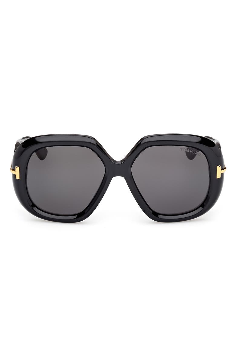TOM FORD 56mm Geometric Sunglasses, Main, color, Shiny Black Beveled/ Smoke