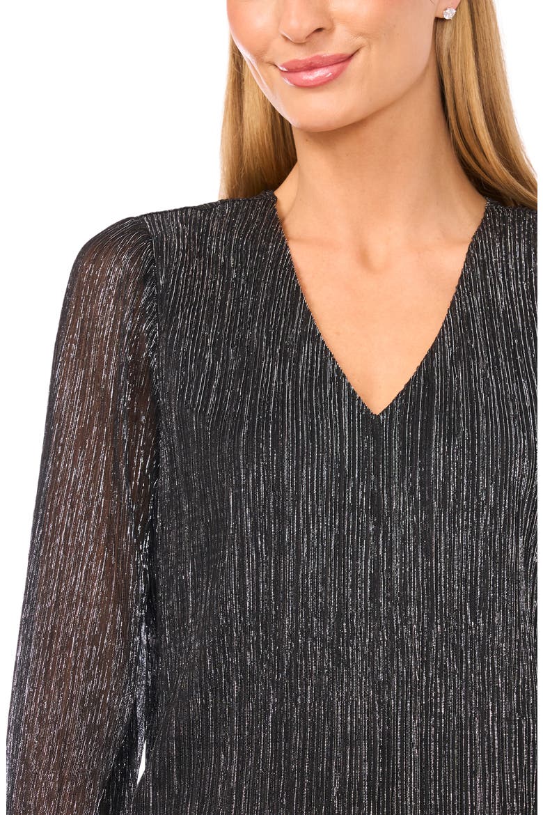 Metallic Plissé V-Neck Top, Alternate, color, BLACK/ SILVER