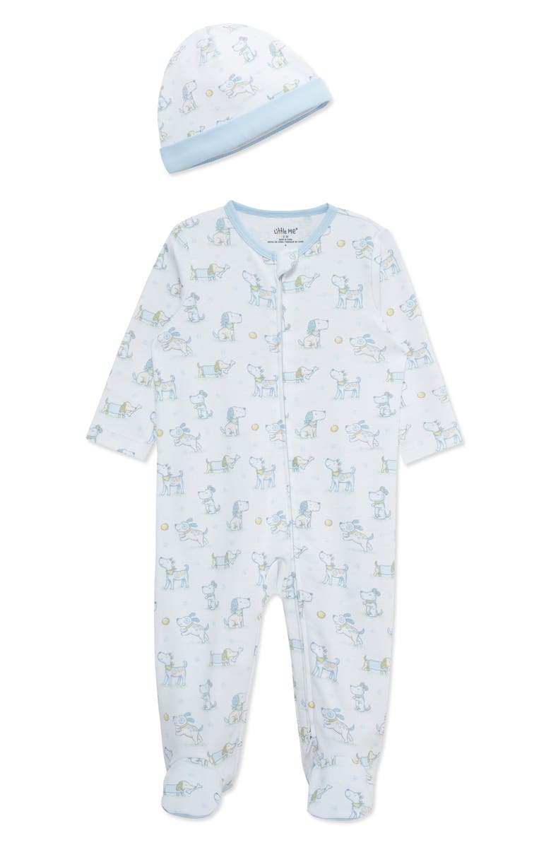 Little Me Puppy Fun Print Cotton Footie & Hat Set, Main, color, 