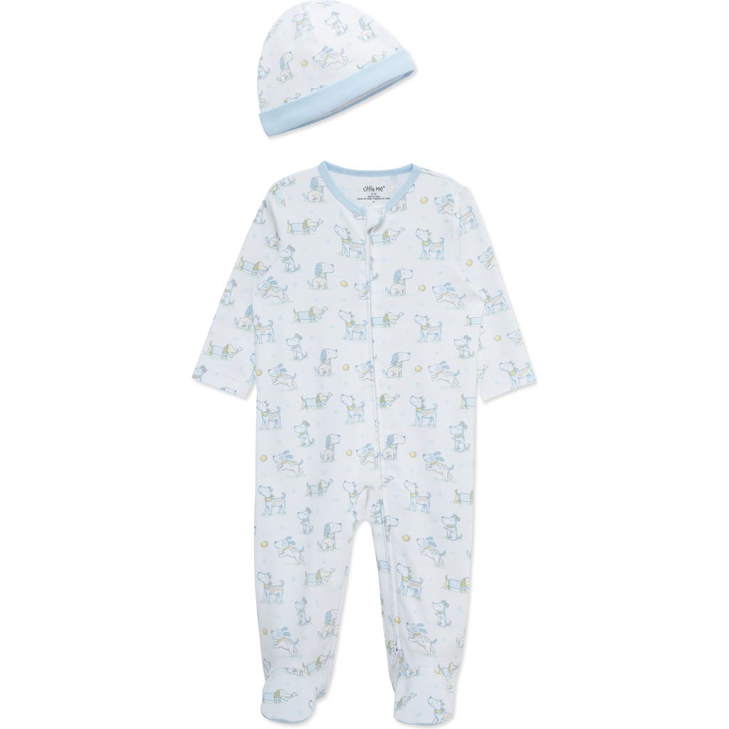 Shop Little Me Puppy Fun Print Cotton Footie & Hat Set In Blue