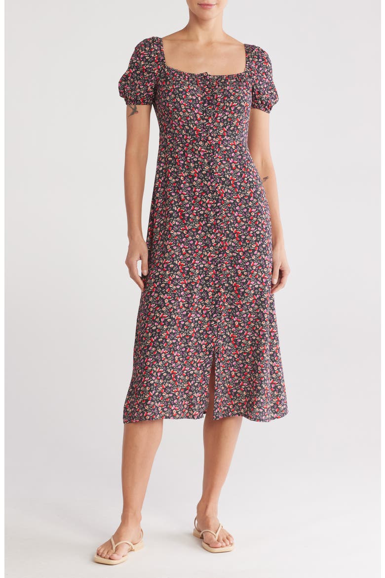Puff Sleeve Midi Dress, Main, color, BLACK/ FUCHSIA