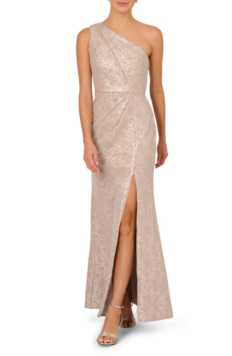 Adrianna Papell One Shoulder Sequin Jacquard Gown, Main, color, Marble