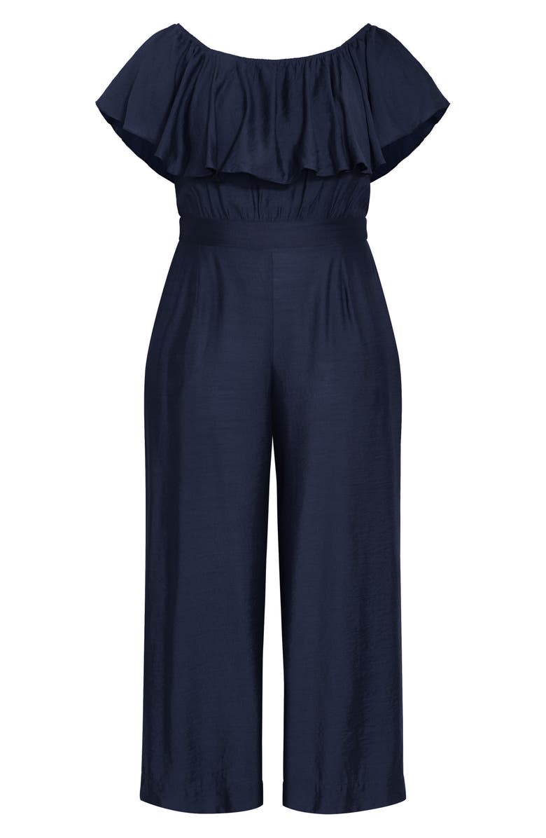 City Chic Serene Ruffle Off the Shoulder Jumpsuit, Alternate, color, Navy