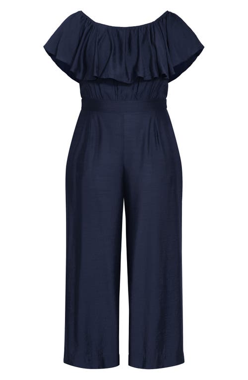 City Chic Serene Ruffle Off The Shoulder Jumpsuit In Blue