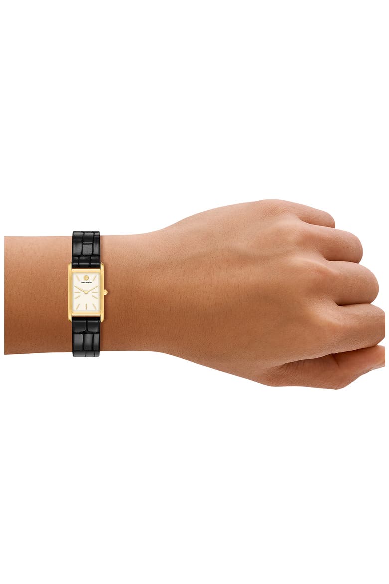 The Eleanor Slim Tank Leather Strap Watch, 20mm x 34mm, Alternate, color, BLACK