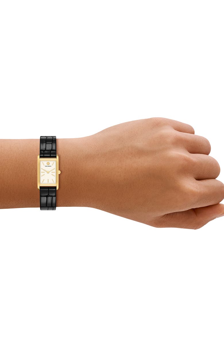 Tory Burch The Eleanor Slim Tank Leather Strap Watch, 20mm x 34mm, Alternate, color, Black/ Gold