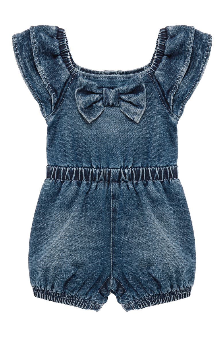 Bow Front Flutter Sleeve Stretch Cotton Blend Knit Denim Romper, Main, color, MED STONE