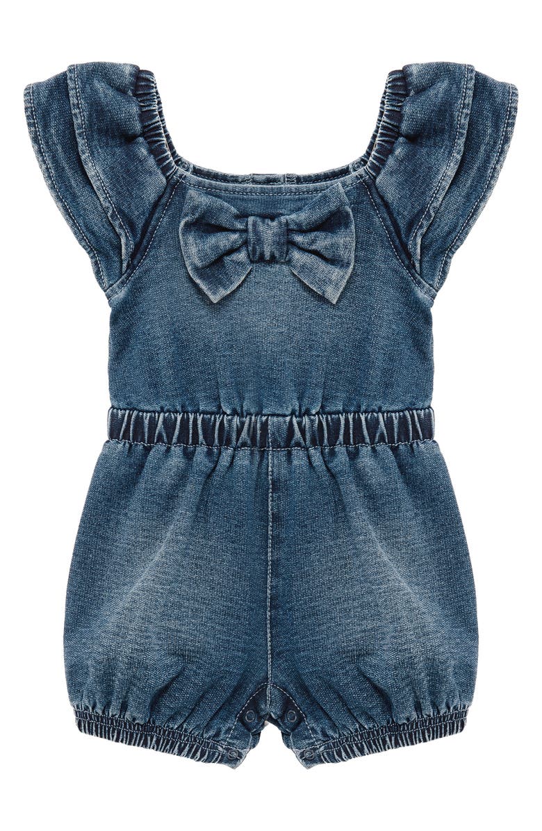Habitual Kids Bow Front Flutter Sleeve Stretch Cotton Blend Knit Denim Romper, Main, color, Med Stone