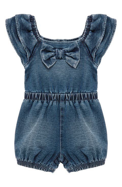 Bow Front Flutter Sleeve Stretch Cotton Blend Knit Denim Romper (Baby)