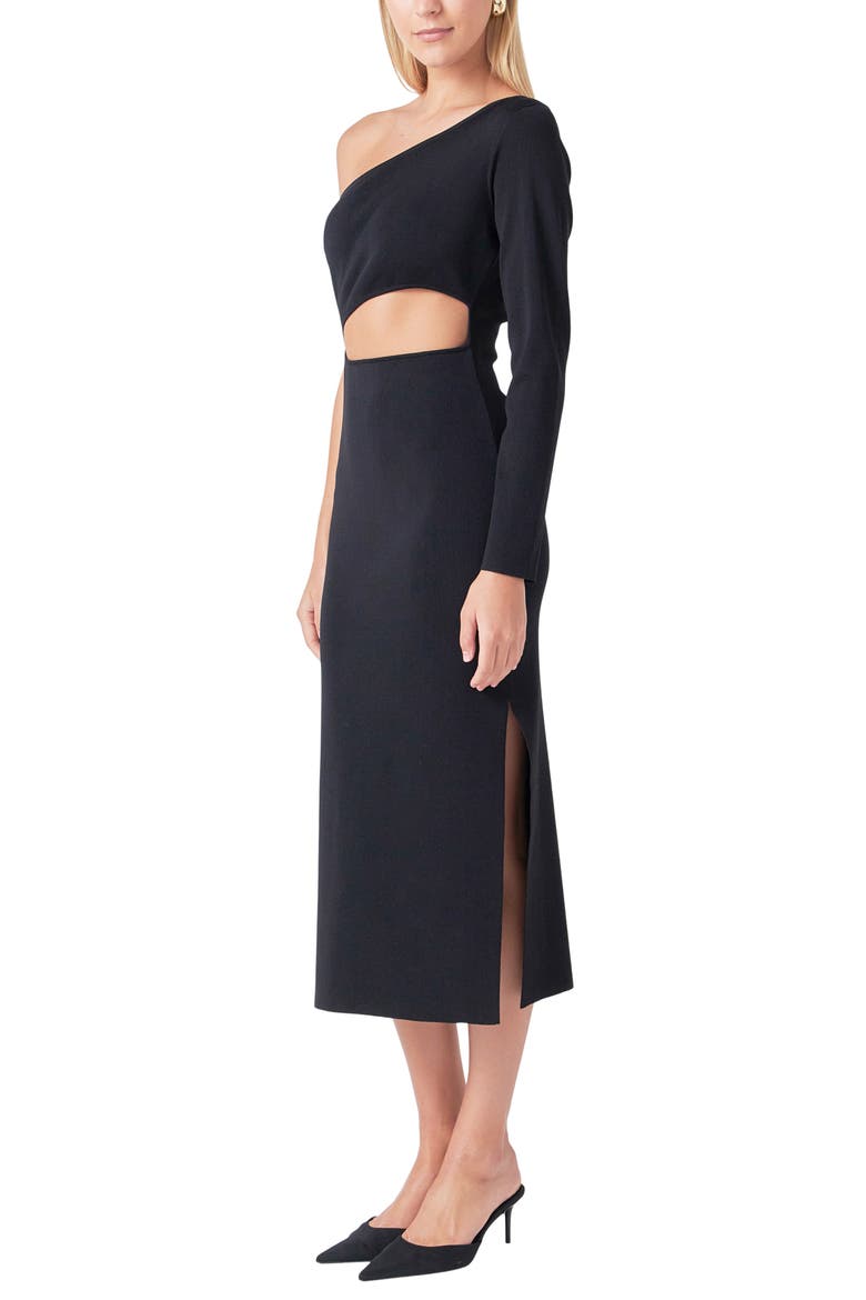 One-Shoulder Cutout Knit Midi Dress, Alternate, color, BLACK