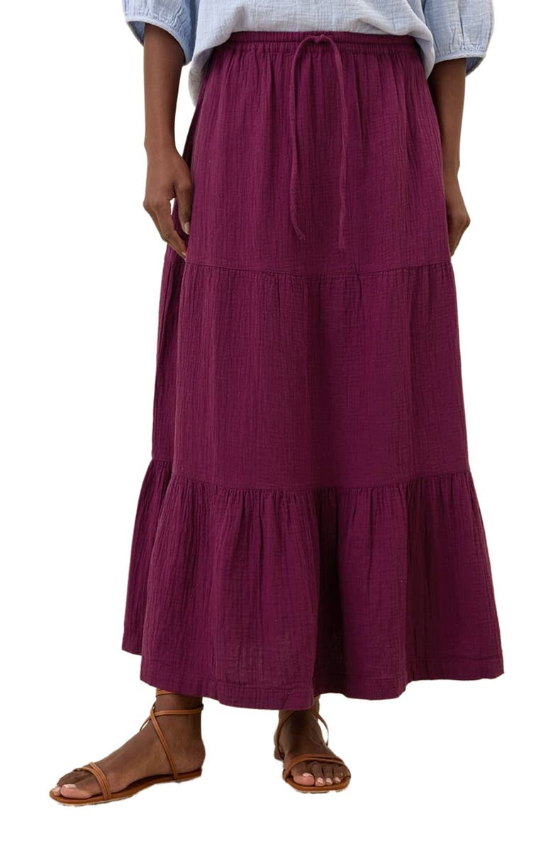 Pact Organic Cotton Coastal Double Gauze Tiered Maxi Skirt, Alternate, color, Sangria