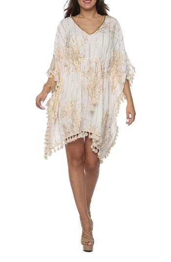 Shop Ranee's Ranees Tassel Trim Cover-up Poncho In Ivory