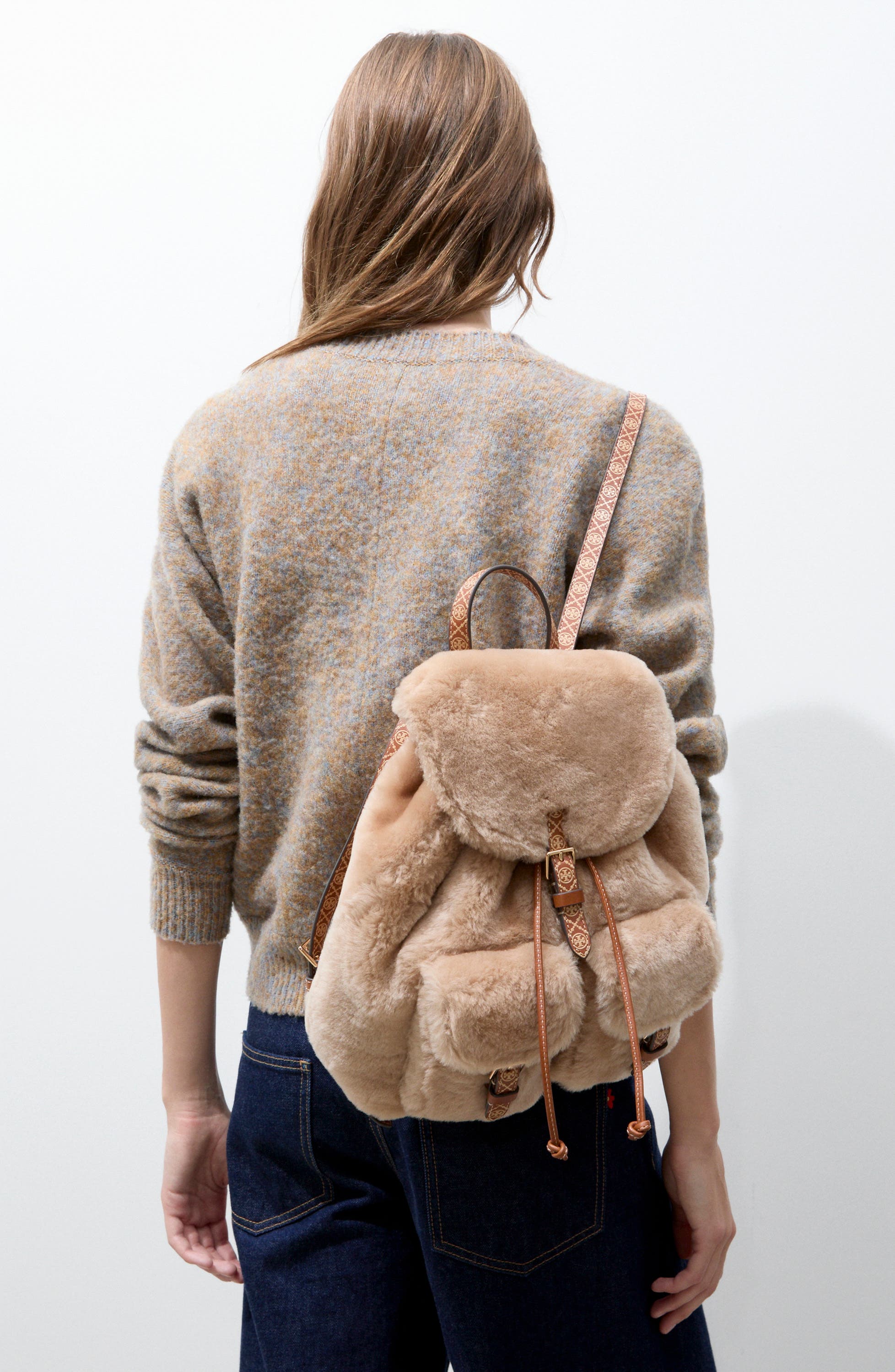 T Monogram Genuine Shearling Backpack, Alternate, color, TEDDY