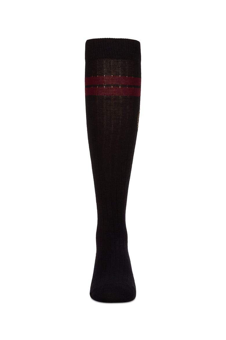Rich Varsity Striped and Embroidered Crest Knee Socks, Alternate, color, Black