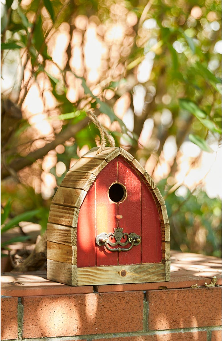 Glitzhome 8.5"H Washed Red Distressed Solid Wood Birdhouse, Alternate, color, Red
