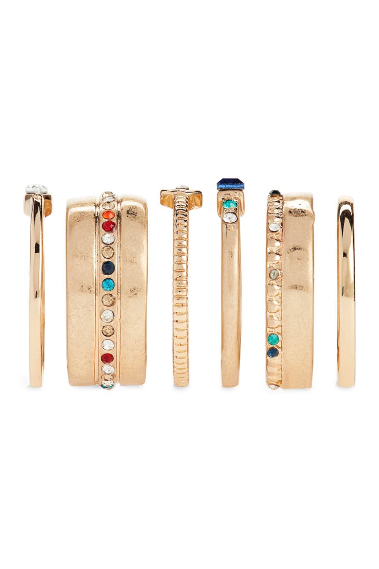 Set of 6 Stacking Rings, Alternate, color, RAINBOW- GOLD