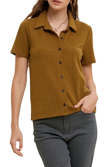 Wishlist Rib Knit Button-up Shirt In Brown