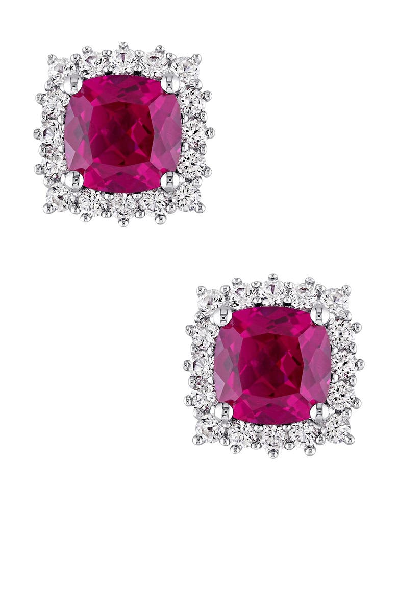 Sterling Silver Created White Sapphire Halo Cushion Created Ruby Earrings, Main, color, red